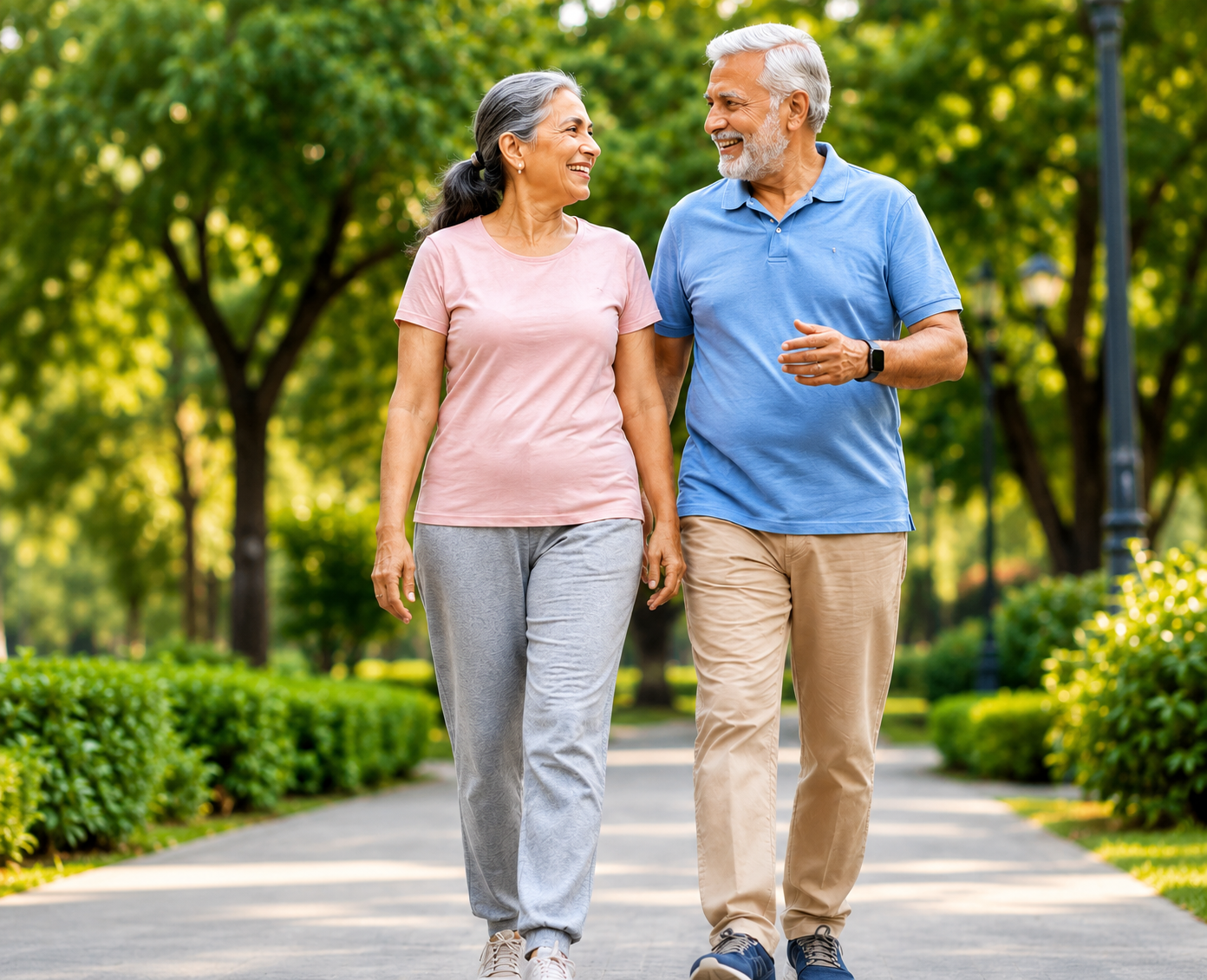 Elderly couple walking together in a park for bone health